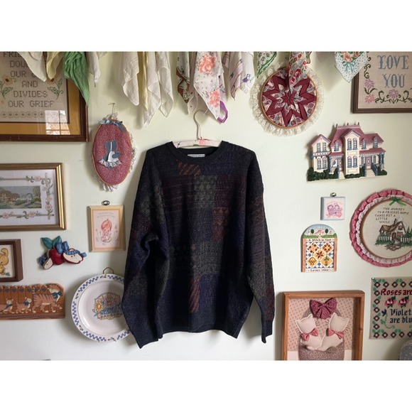 90's vintage NWT Geoffrey Beene patchwork knit earth tone sweater - Picture 1 of 6